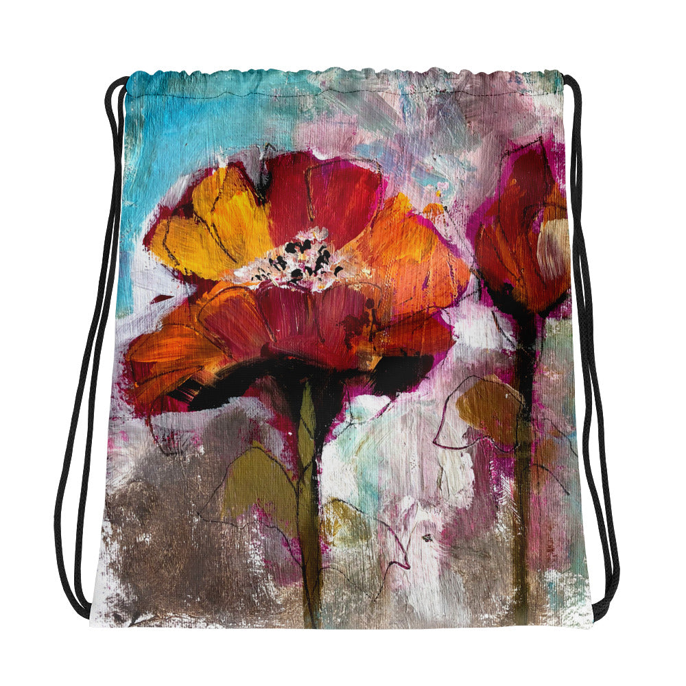 Red Flower Drawstring Bag